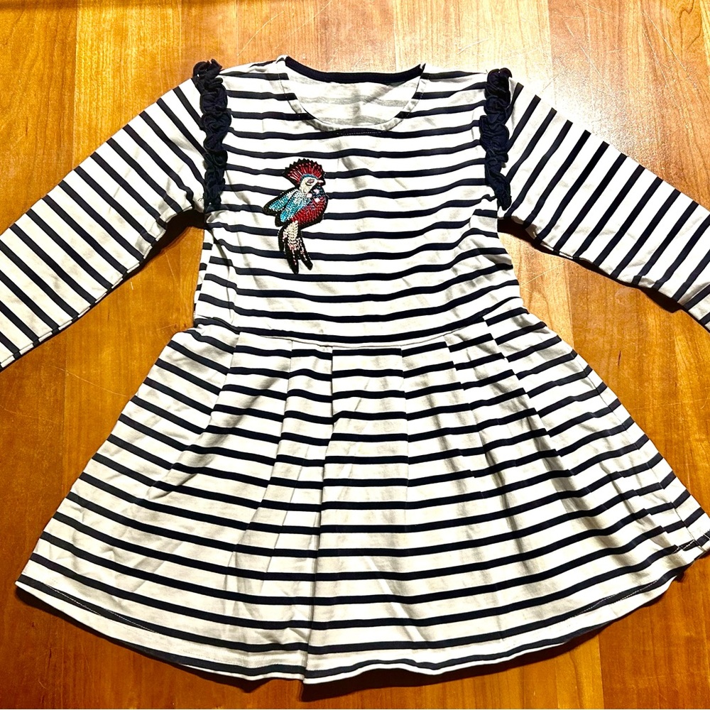 NWOT H&M White and Blue Fit and Flare Dress Long Sleeve Crew Neck, 6T